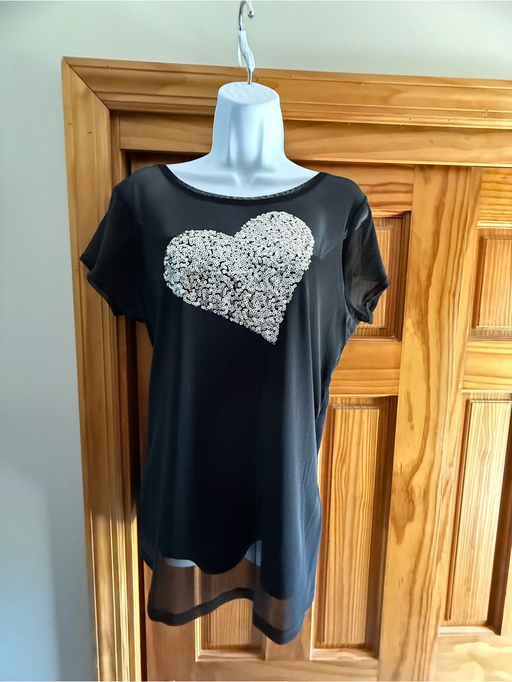 INC International Concepts Black Short Sleeve Top with Silver Sequin Heart